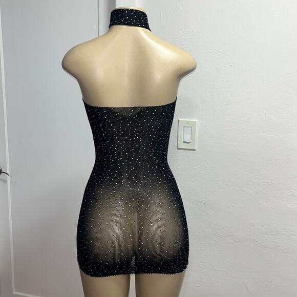 HOT! Intimates! Rhinestones Mesh Sheer Black Mesh Dress w Choker OS - Picture 4 of 7